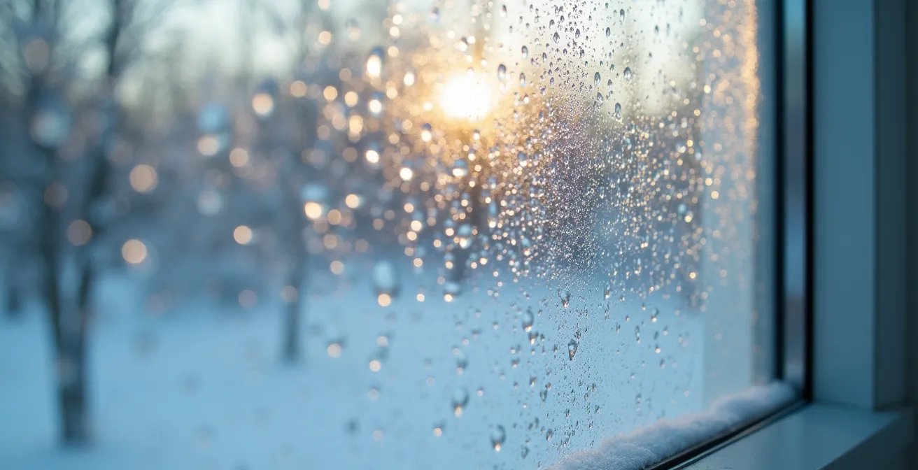 Condensation sur fenêtre de salle de bain en hiver au Québec avec ventilateur en action