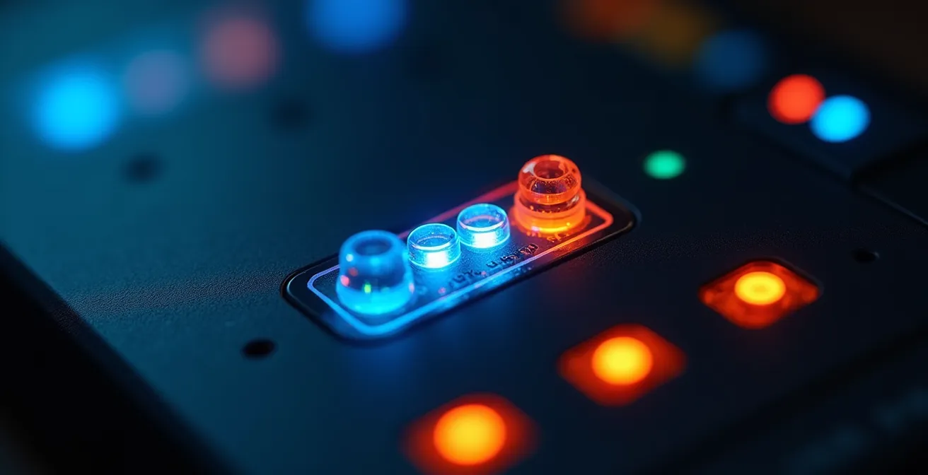 Gros plan macro sur les voyants lumineux d'un modem avec différentes couleurs d'indication