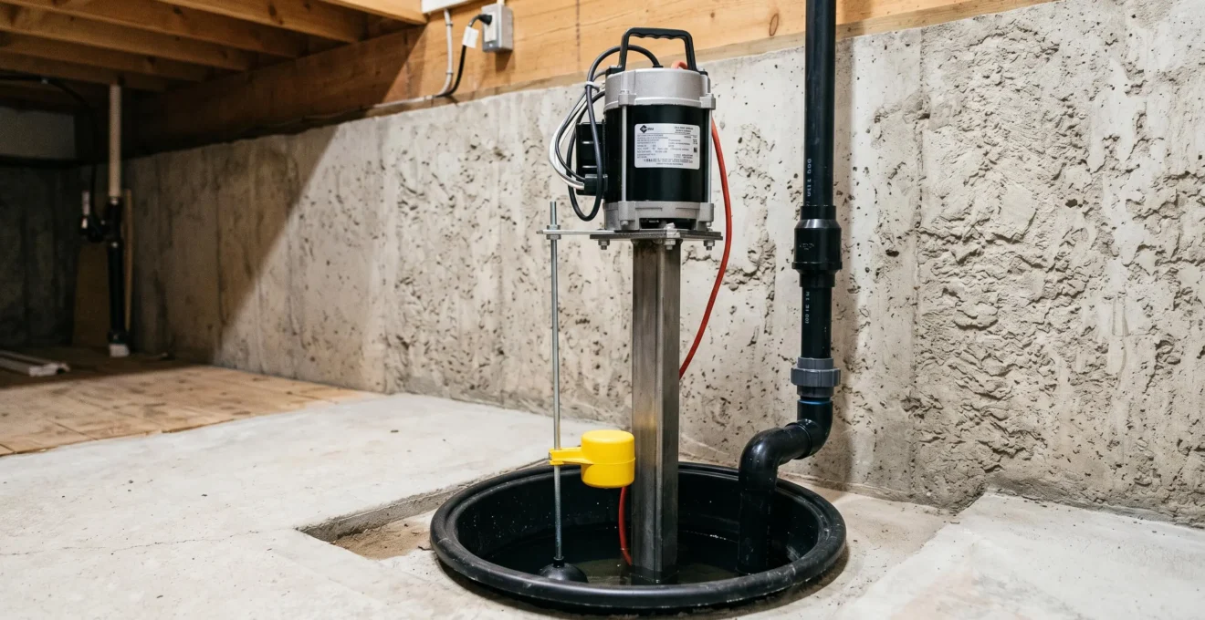 Pompe à puisard sur colonne avec moteur cylindrique surélevé monté sur tube vertical au-dessus de la cuve dans un sous-sol résidentiel