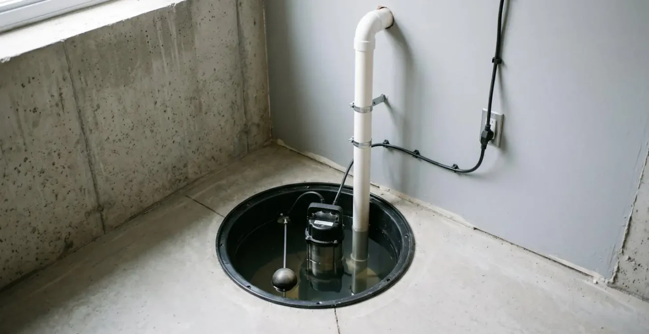 Pompe submersible installée dans cuve de puisard noire avec tuyau de refoulement blanc remontant le long d'un mur de fondation en béton dans un sous-sol résidentiel québécois
