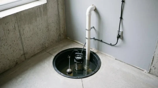 Pompe submersible installée dans cuve de puisard noire avec tuyau de refoulement blanc remontant le long d'un mur de fondation en béton dans un sous-sol résidentiel québécois