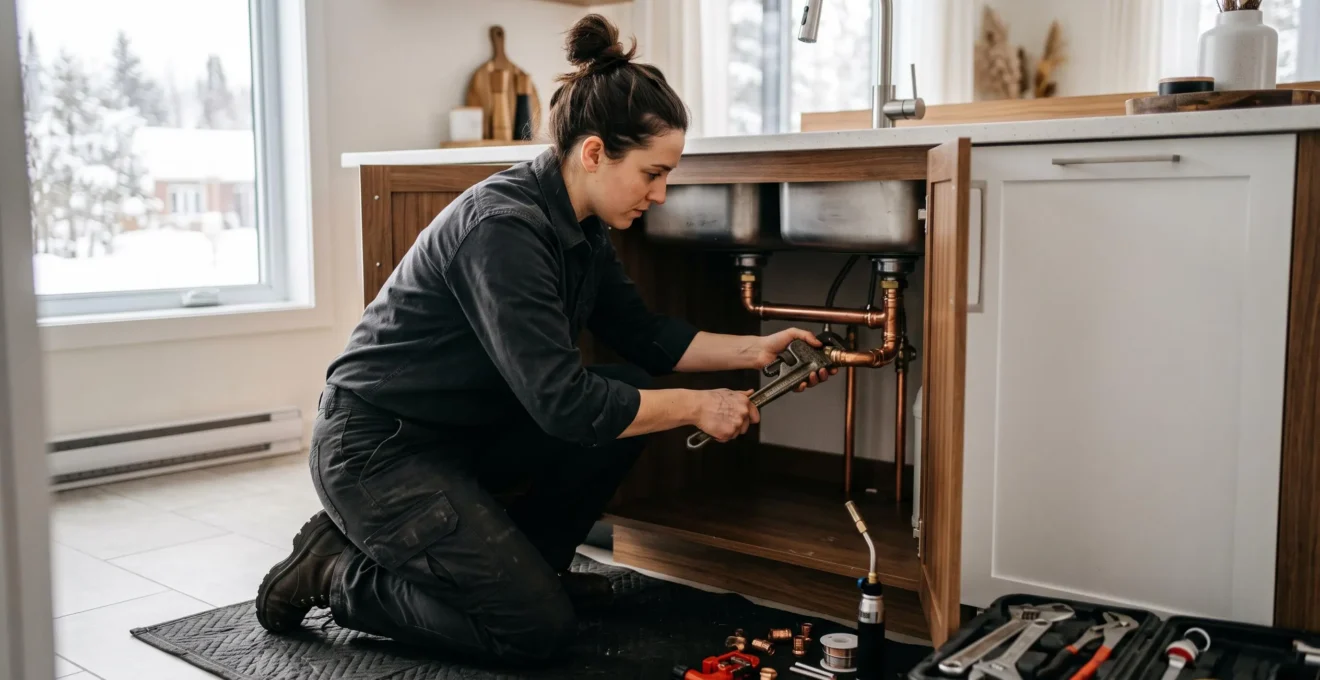 Plombier professionnel installant des tuyaux de cuivre sous un évier de cuisine dans une résidence québécoise, utilisant des outils spécialisés