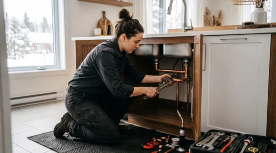 Plombier professionnel installant des tuyaux de cuivre sous un évier de cuisine dans une résidence québécoise, utilisant des outils spécialisés