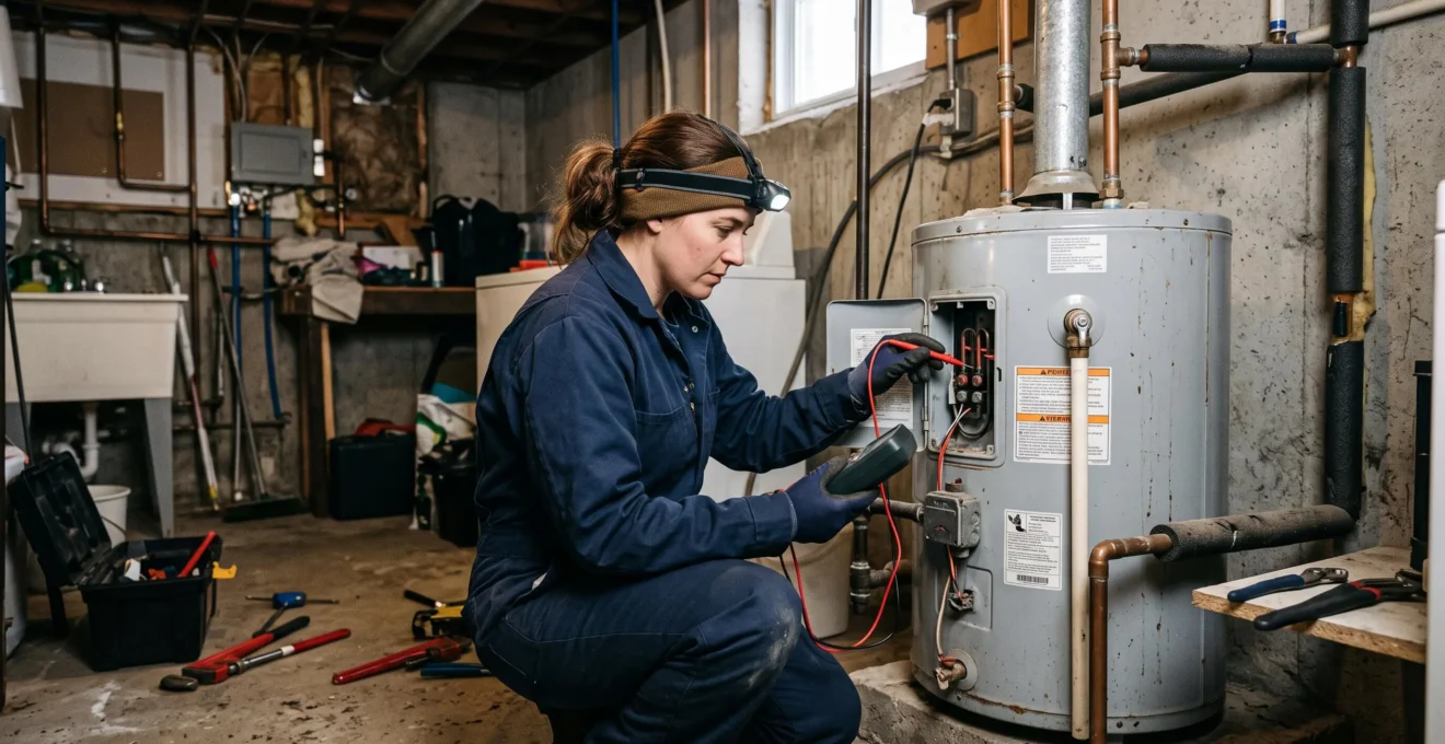 Plombier inspectant et réparant un chauffe-eau résidentiel dans un sous-sol québécois avec des outils de diagnostic professionnels