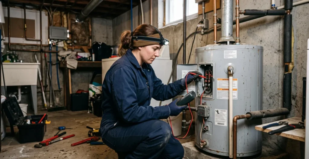 Plombier inspectant et réparant un chauffe-eau résidentiel dans un sous-sol québécois avec des outils de diagnostic professionnels
